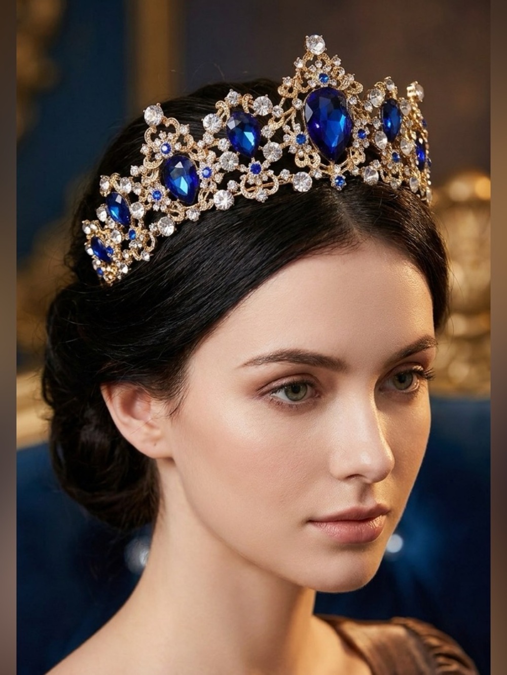 Gold-Tone Tiara with Royal Blue Gemstones - Women's Hair Tiara